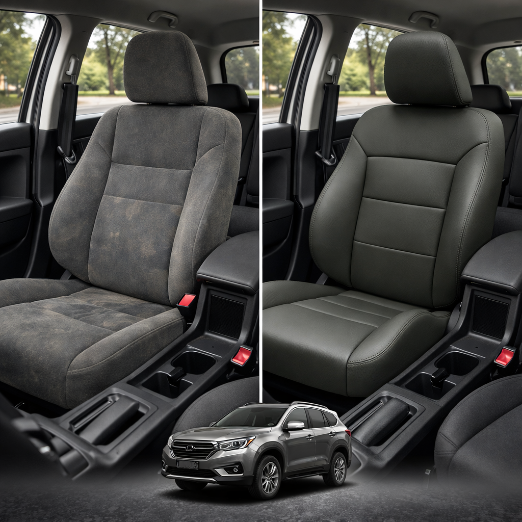 Before-and-after comparison of Kia_Borrego front seats, showing original cloth seat upgraded to perforated leather upholstery.