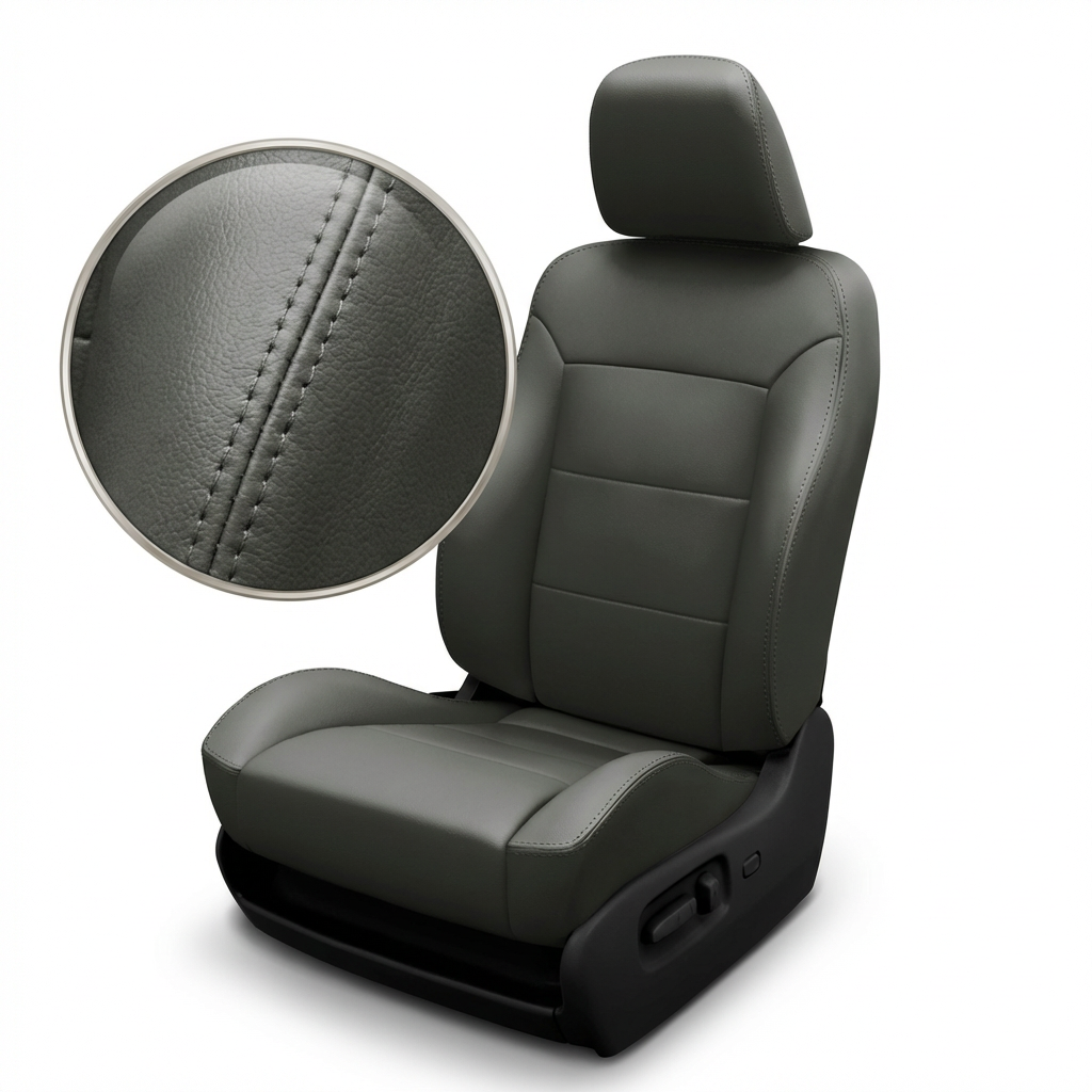 Gray car seat with close-up of stitching detail on a white background