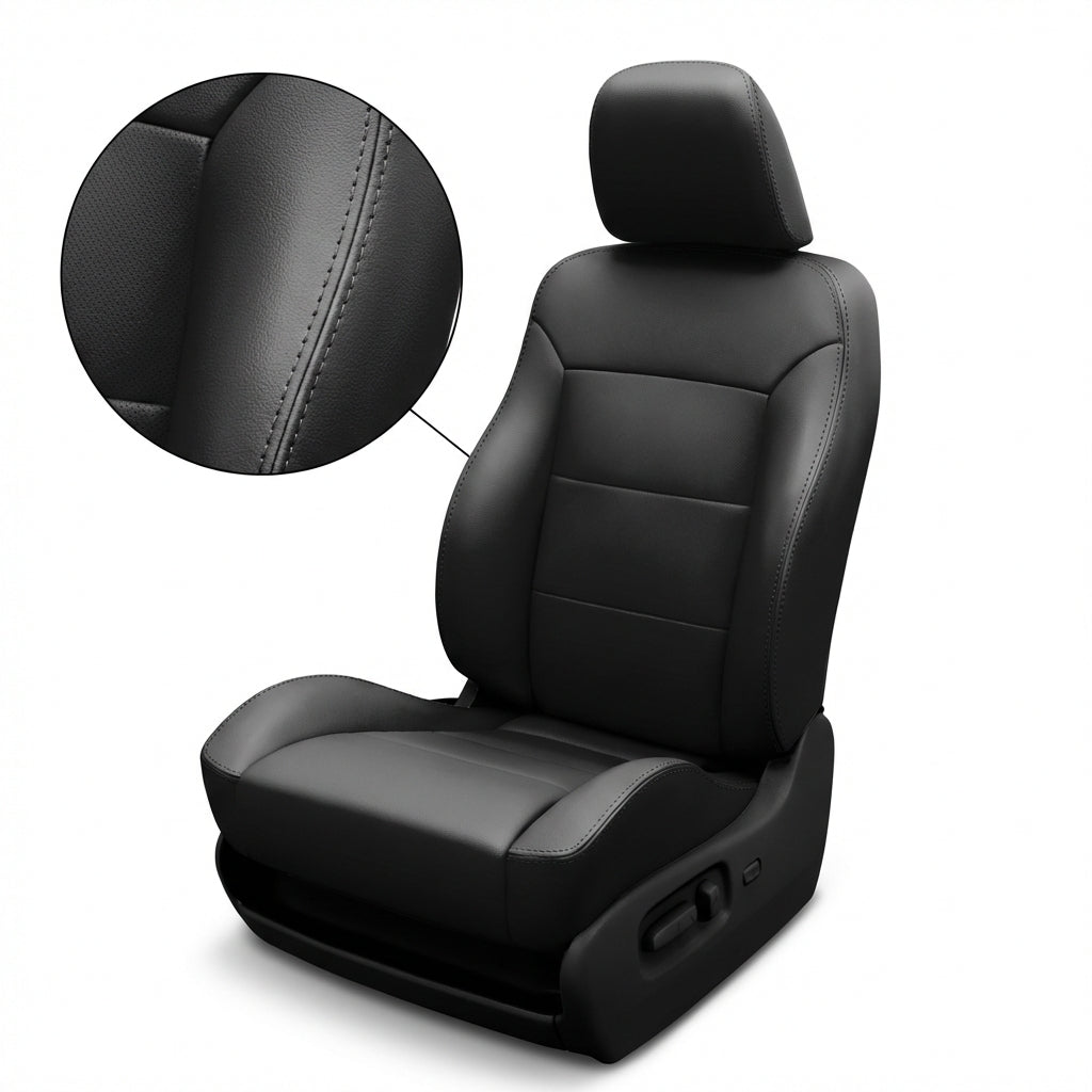 Black car seat with detailed stitching on a white background