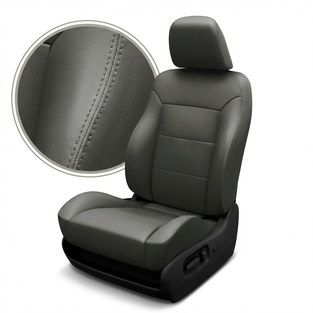 Gray car seat with close-up of stitching details on a white background