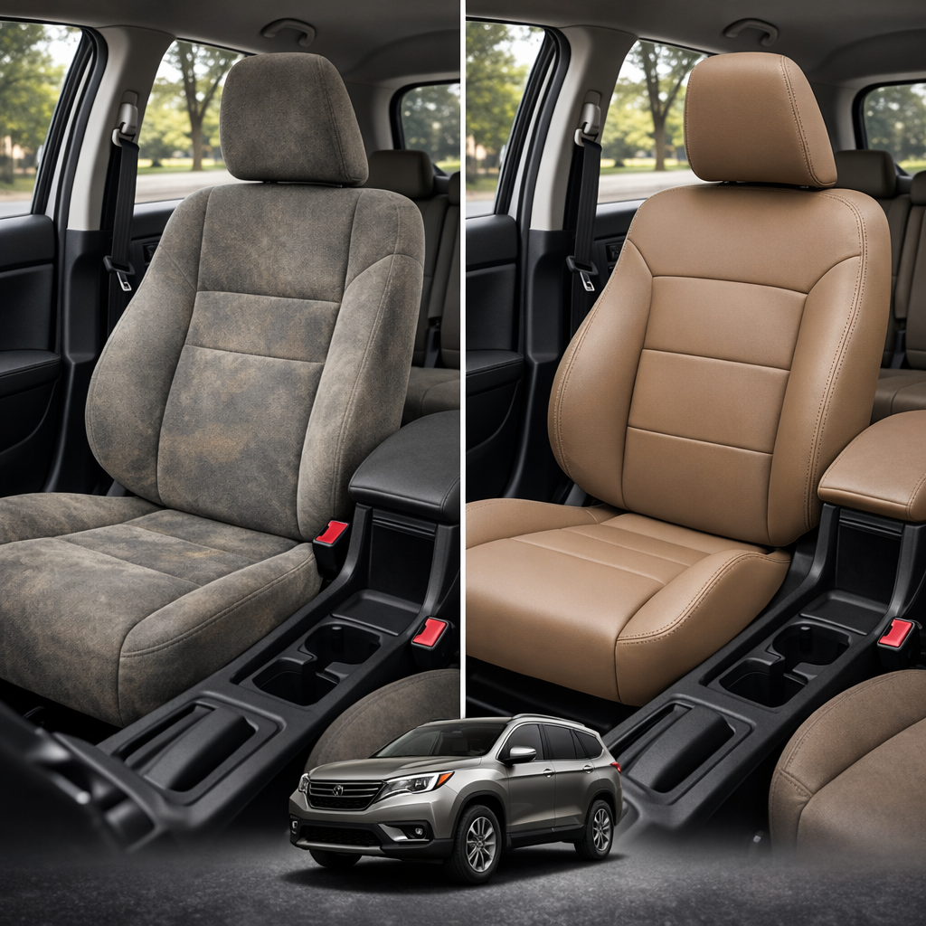 Before-and-after comparison of Pontiac_G3 front seats, showing original cloth seat upgraded to perforated leather upholstery.