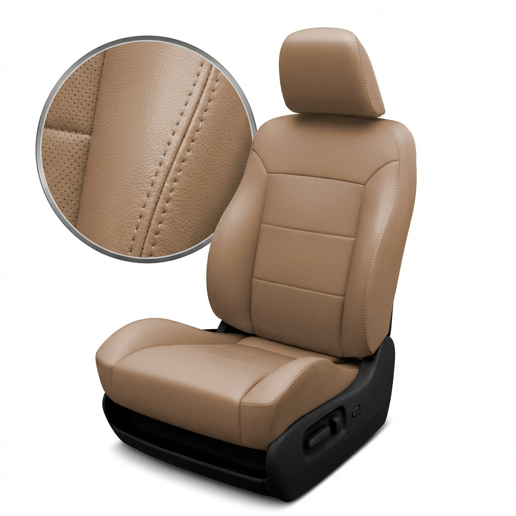 Beige car seat with detailed texture on a white background