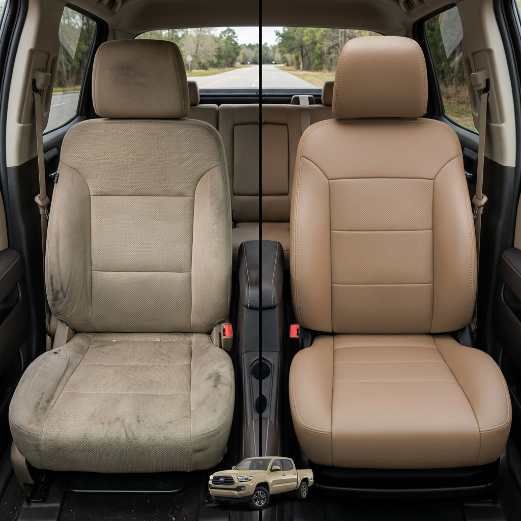 Before-and-after comparison of Suzuki_Equator front seats, showing original cloth seat upgraded to perforated leather upholstery.