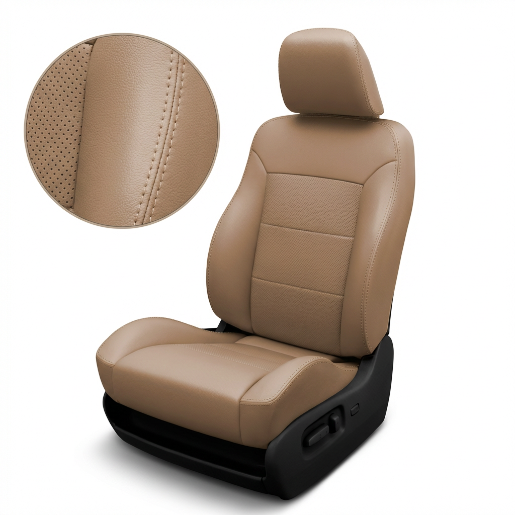 Beige car seat with detailed texture on a white background