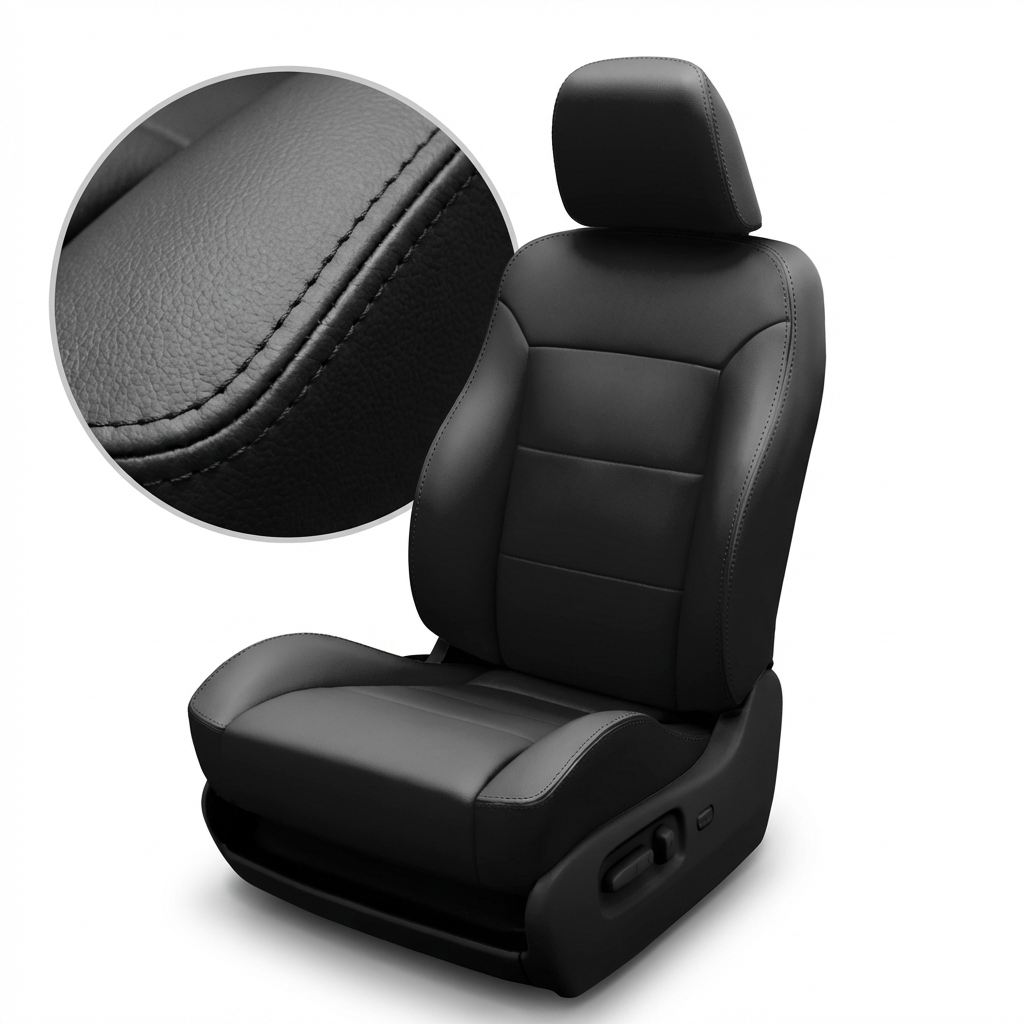 Close up detailed Black car seat with headrest on a white background