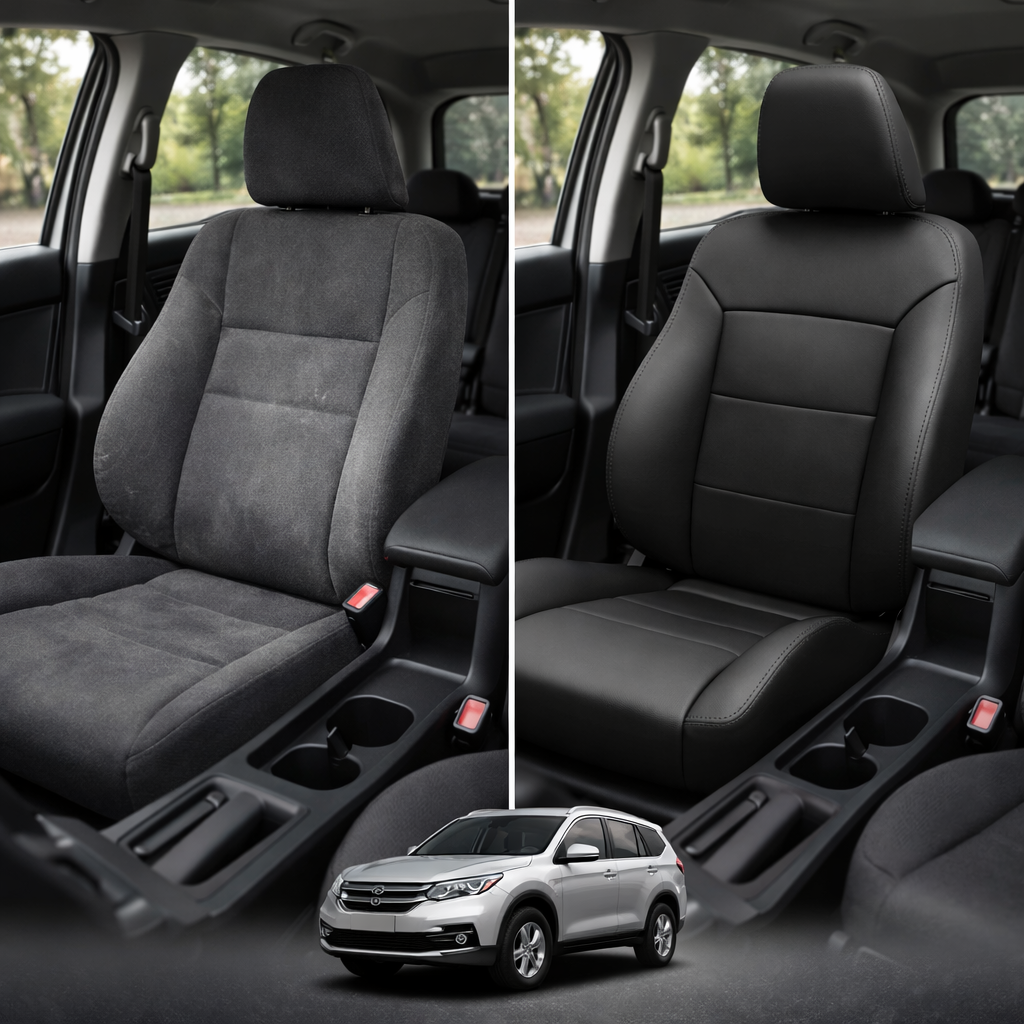 Before-and-after comparison of Hyundai_Genesis front seats, showing original cloth seat upgraded to perforated leather upholstery.