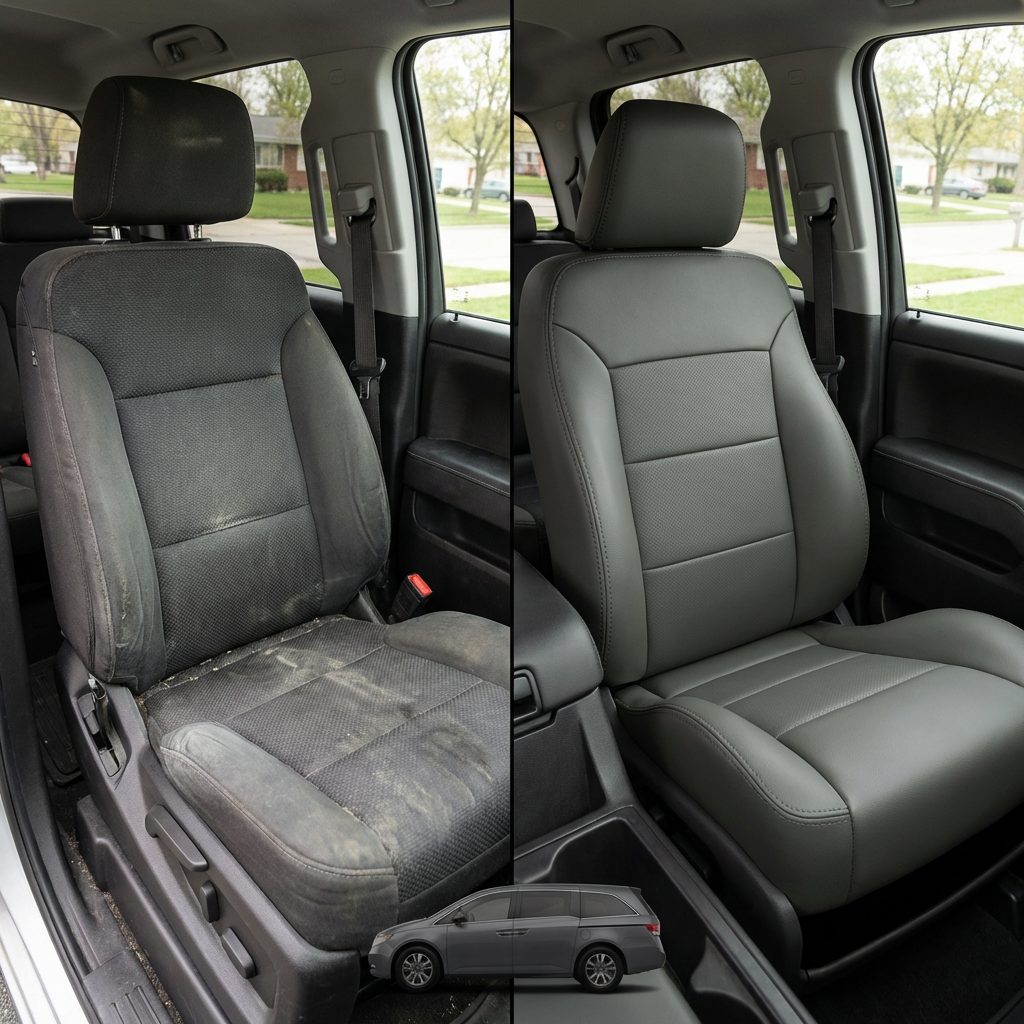 Before-and-after comparison of Hyundai_Genesis front seats, showing original cloth seat upgraded to perforated leather upholstery.
