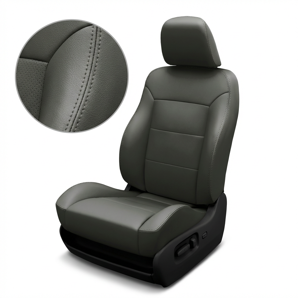 Gray car seat with detailed stitching on a white background