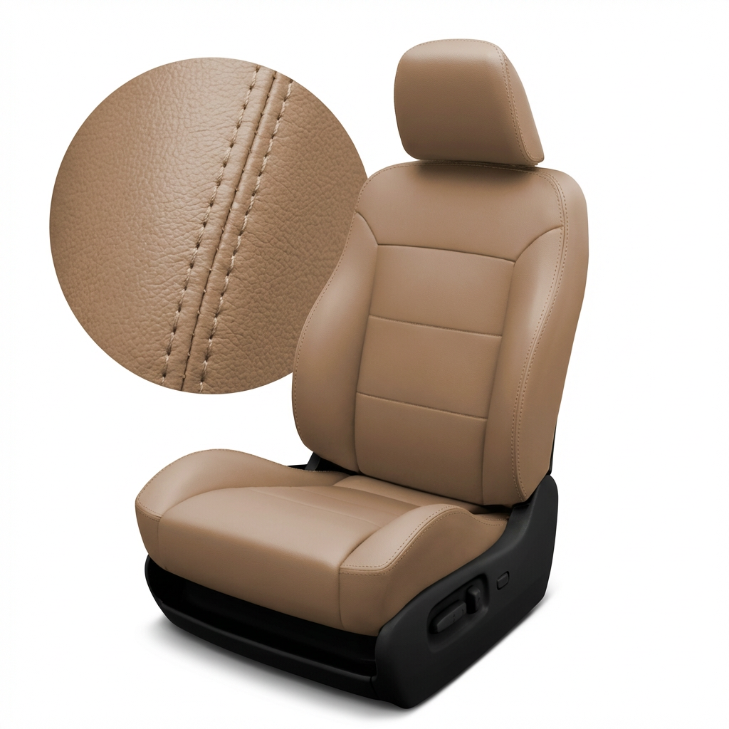 Beige car seat with detailed stitching on a white background
