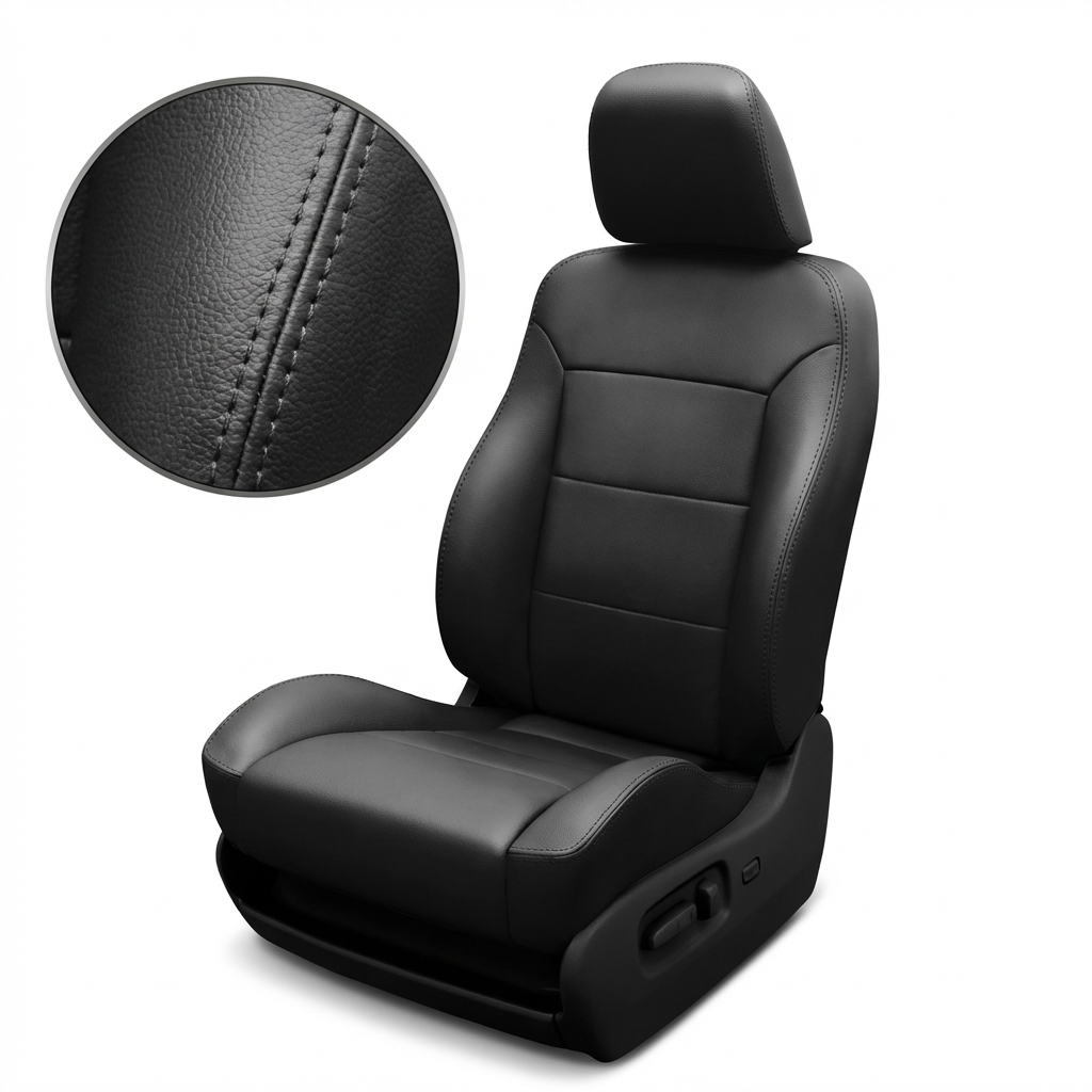 Close up detailed Black car seat with headrest on a white background