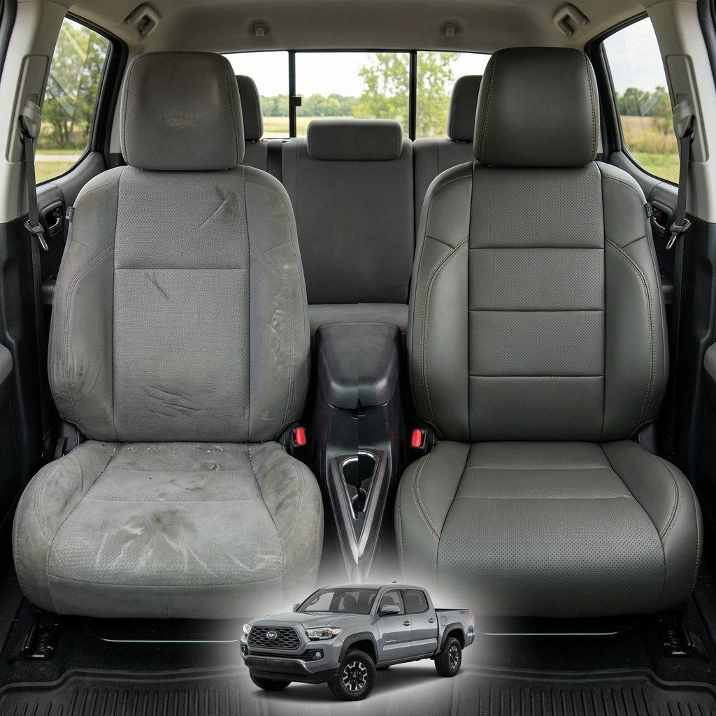 Before-and-after comparison of Mercedes-Benz front seats, showing original cloth seat upgraded to perforated leather upholstery.