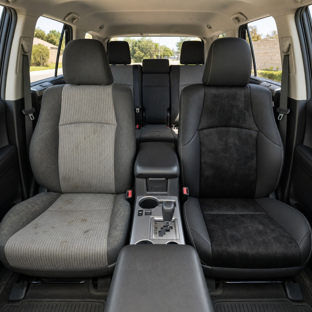  Before-and-after front in-cabin view of a 2010–2024 Toyota 4Runner SR5 showing a seat upholstery upgrade: the left front seat has worn factory gray cloth upholstery, while the right front seat features an upgraded Leatherteck leather seat kit in black with black automotive suede inserts, carbon fiber-style side panels, and silver contrast stitching.The image also shows the front center console, gear shifter, cupholders, black armrest, rear bench seat, headrests, seatbelts, red seatbelt buckles, door pane