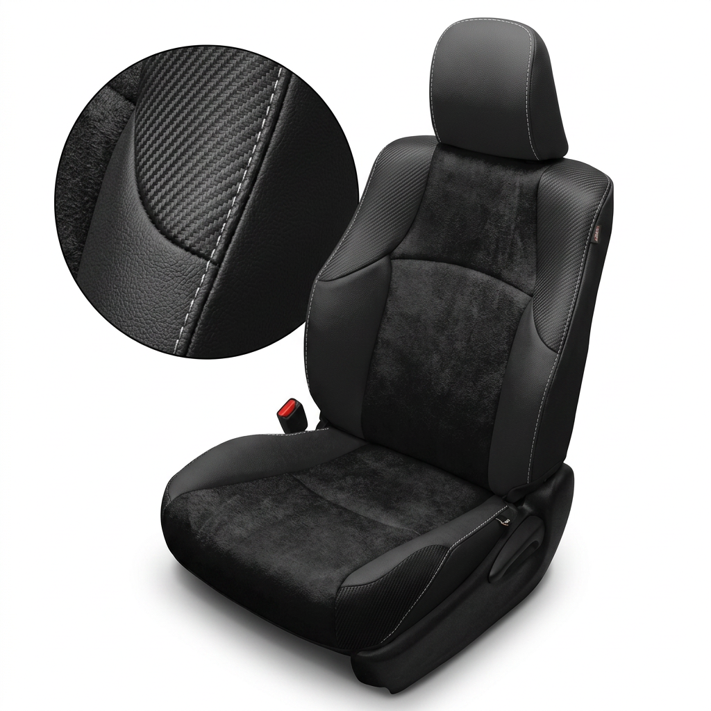 Close-up product image of a 2010–2024 Toyota 4Runner SR5 Leatherteck leather seat upholstery kit in black, featuring black automotive suede inserts, carbon fiber-style accent panels, and silver contrast stitching. The seat is shown on a white background with a circular zoom inset highlighting the carbon fiber-style texture, black leather grain, and silver stitched seam detail. The full seat displays a black headrest with silver stitching, black suede center panels on the seatback and cushion, smooth black 
