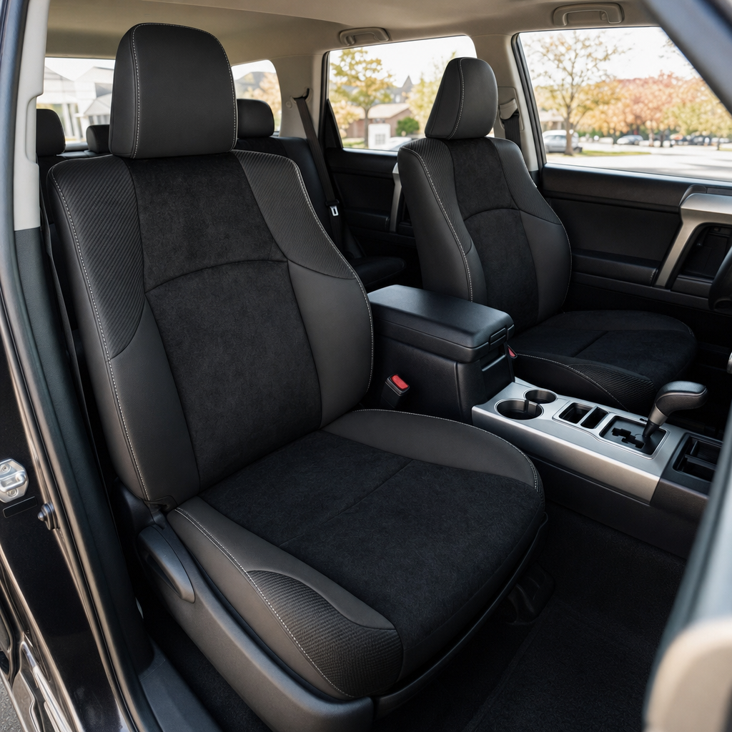 Front in-cabin view of a 2010–2024 Toyota 4Runner SR5 with an installed Leatherteck leather seat upholstery kit in black, featuring black automotive suede inserts, carbon fiber-style accent panels, and silver contrast stitching. The image shows the upgraded driver and passenger front bucket seats with black headrests, soft black suede center panels on the seatbacks and cushions, smooth black leather bolsters, textured carbon fiber-style shoulder and lower accent panels, silver stitched seams along the head