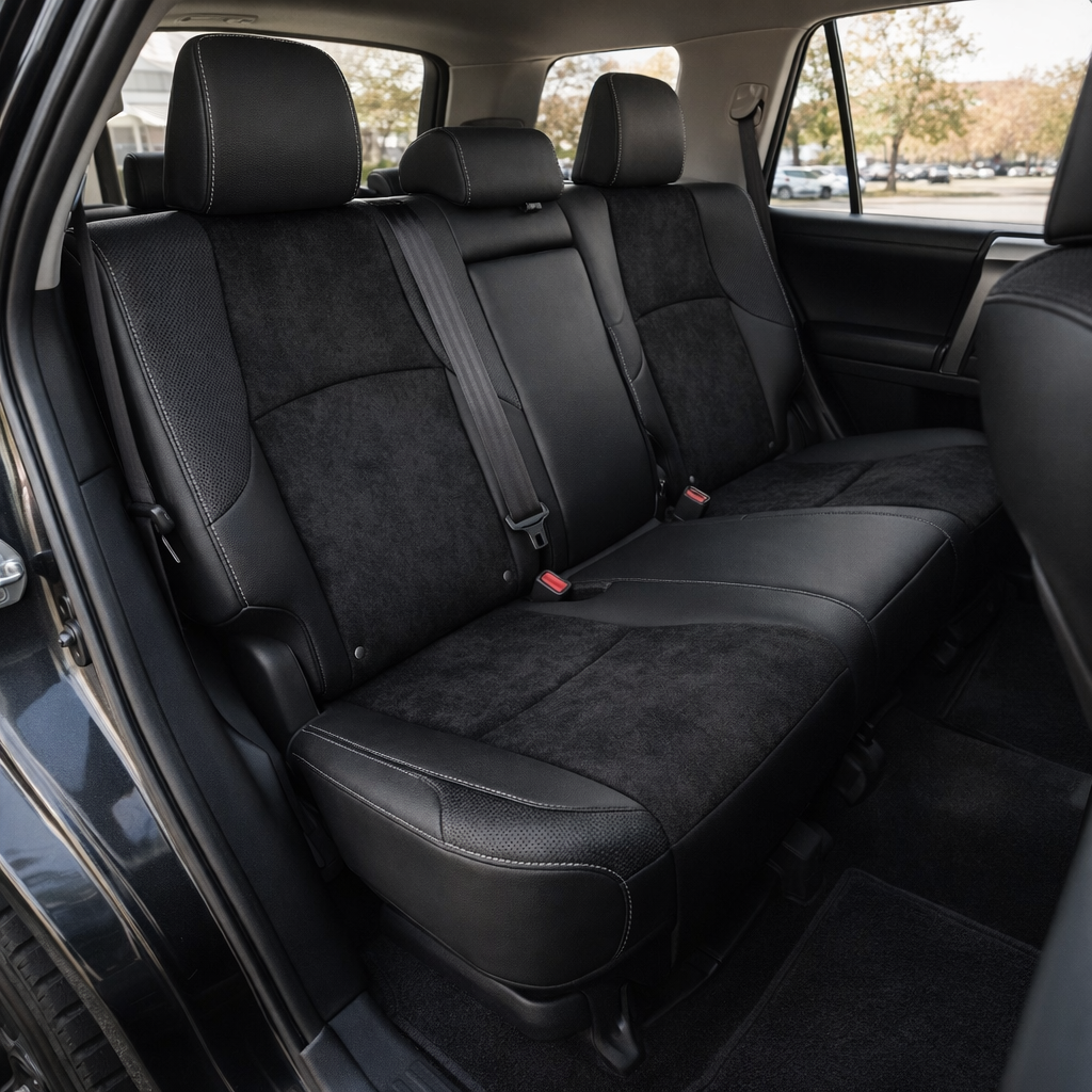 Rear in-cabin view of a 2010–2024 Toyota 4Runner SR5 with an installed Leatherteck leather seat upholstery kit in black, featuring black automotive suede inserts, carbon fiber-style accent panels, and silver contrast stitching. The image shows the upgraded rear bench seat with three black headrests, soft black suede center panels on the seatbacks and cushions, smooth black leather bolsters, textured carbon fiber-style outer accent panels, silver stitched seams along the headrests and seat edges, visible se