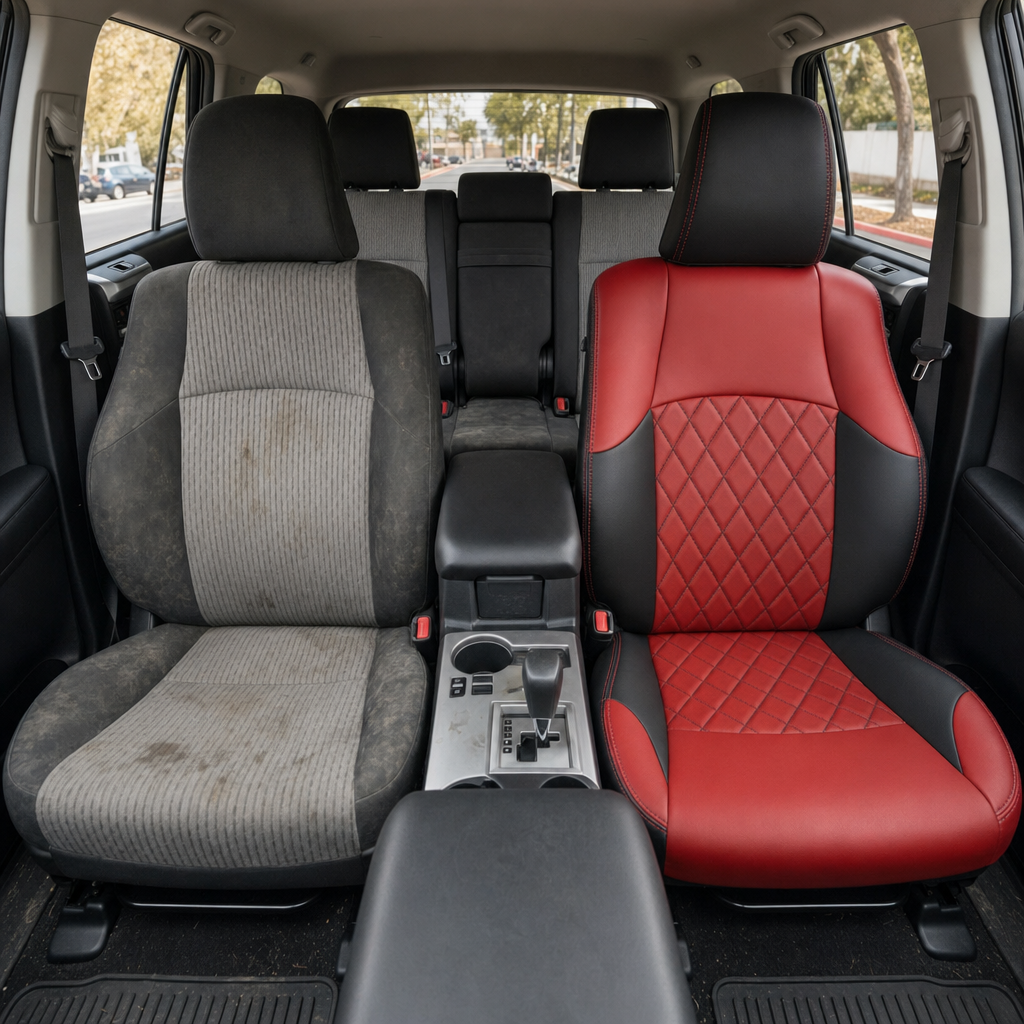 Before-and-after front in-cabin view of a 2010–2024 Toyota 4Runner SR5 showing a seat upholstery upgrade: the left front seat has worn factory gray cloth upholstery, while the right front seat features an upgraded Leatherteck leather seat kit in black and Cardinal Red with red seat inserts, diamond quilted center panels, and red contrast stitching. The image also shows the front center console, gear shifter, cupholders, black armrest, rear bench seat, headrests, seatbelts, red seatbelt buckles, side window