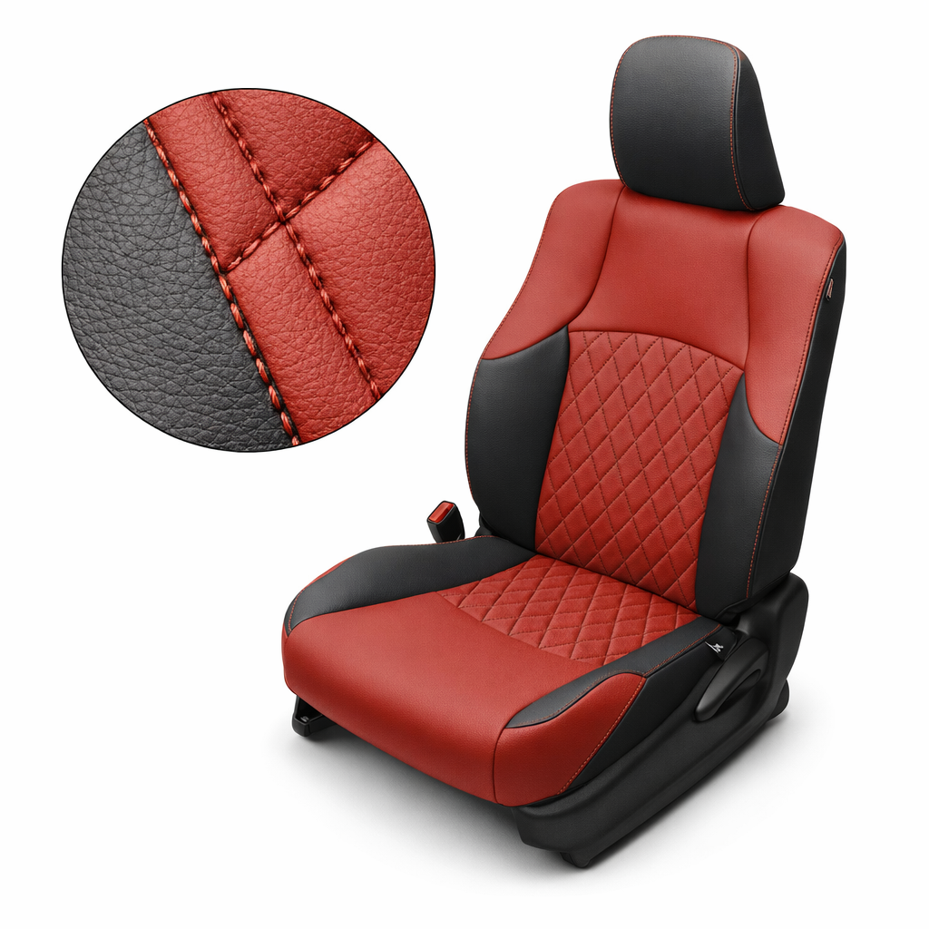 Close-up product image of a 2010–2024 Toyota 4Runner SR5 Leatherteck leather seat upholstery kit in black and Cardinal Red, featuring Cardinal Red inserts, diamond quilted panels, and red contrast stitching. The seat is shown on a white background with a circular zoom inset highlighting the black and red leather grain, diamond quilted stitch pattern, and red stitched seam detail. The full seat displays a black headrest with red stitching, Cardinal Red seat faces, black outer bolsters and side panels, diamo
