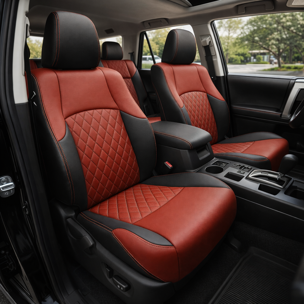 Front in-cabin view of a 2010–2024 Toyota 4Runner SR5 with an installed Leatherteck leather seat upholstery kit in black and Cardinal Red, featuring Cardinal Red seat inserts, diamond quilted center panels, and red contrast stitching. The image shows the upgraded driver and passenger front bucket seats with black headrests, red leather seat faces, black outer bolsters and side panels, diamond-quilted red inserts on the seatbacks and cushions, red stitched seams along the headrests and seat edges, the front