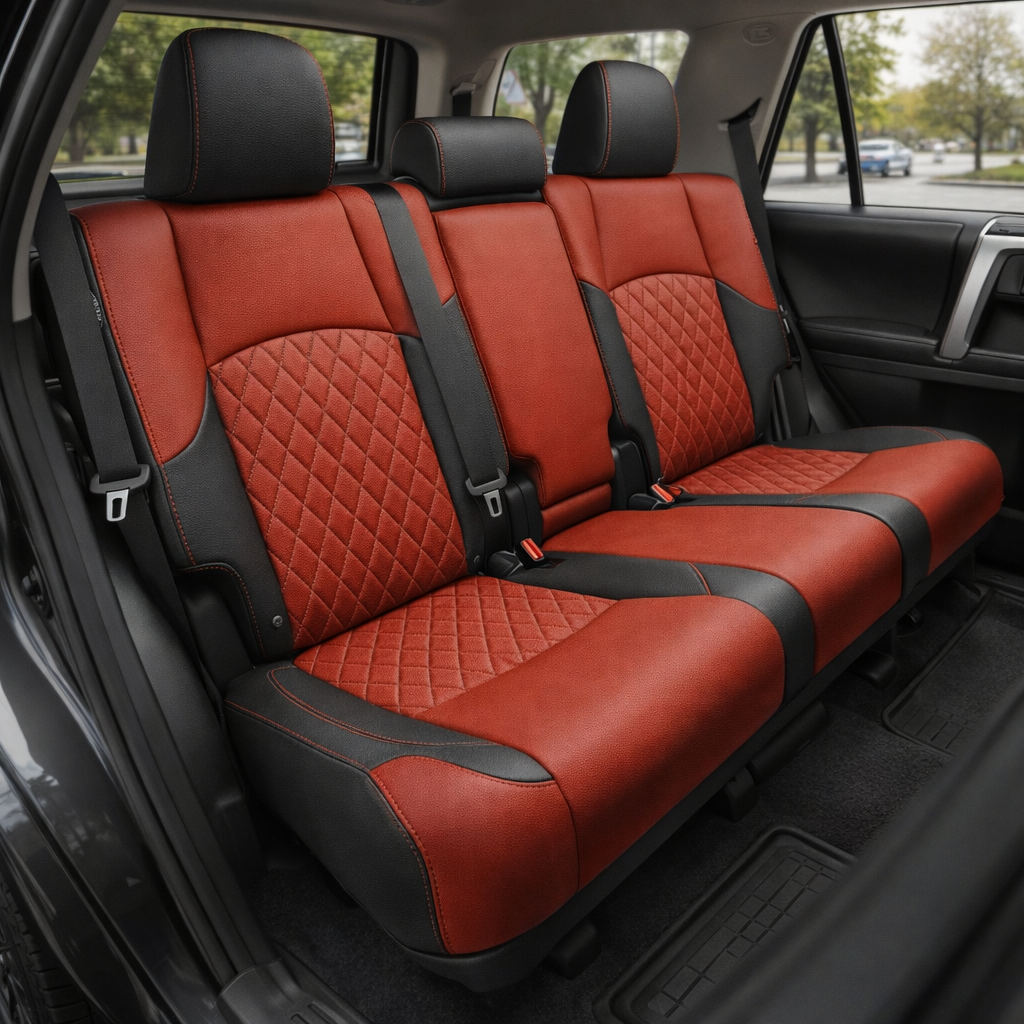 Rear in-cabin view of a 2010–2024 Toyota 4Runner SR5 with an installed Leatherteck leather seat upholstery kit in black and Cardinal Red, featuring Cardinal Red seat inserts, diamond quilted panels, and red contrast stitching. The image shows the upgraded rear bench seat with three headrests, black leather headrest faces and side bolsters, Cardinal Red seatback and cushion panels, diamond-quilted red insert sections on the outer rear seats, red stitched seams, visible seatbelts, red seatbelt buckles, rear 