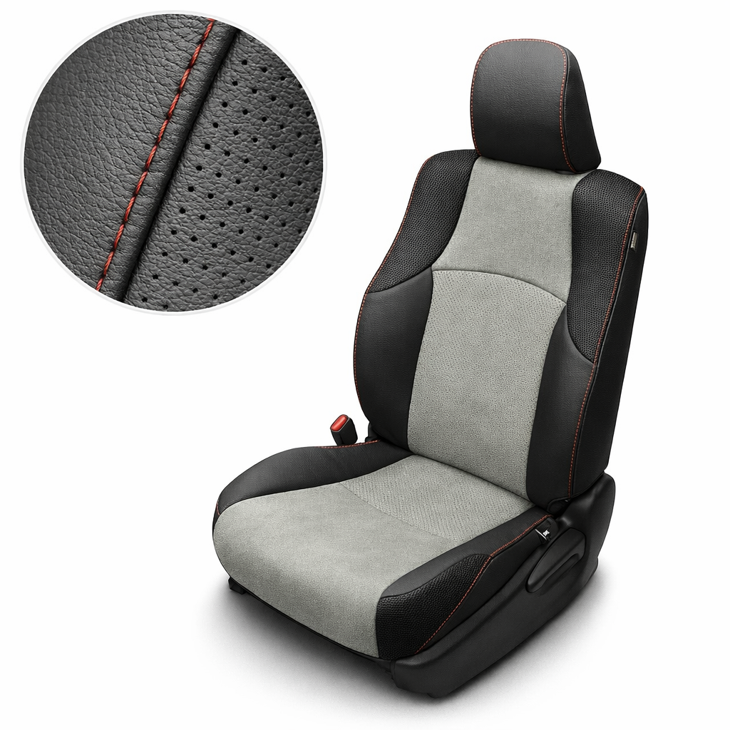 Close-up product image of a 2010–2024 Toyota 4Runner SR5 Leatherteck leather seat upholstery kit in black and Heather Grey suede, featuring carbon fiber-style black accent panels and red contrast stitching. The seat is shown on a white background with a circular zoom inset highlighting the black leather grain, perforated/textured black accent material, and red double-stitched seam detail. The full seat displays a black headrest with red stitching, Heather Grey suede seatback and cushion centers, black leat