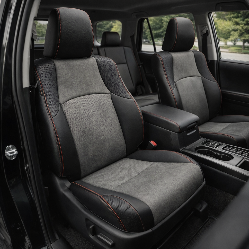 Front in-cabin view of a 2010–2024 Toyota 4Runner SR5 with an installed Leatherteck leather seat upholstery kit in black and Heather Grey suede, featuring carbon fiber-style accent panels and red contrast stitching. The image shows the upgraded driver and passenger front bucket seats with black headrests, Heather Grey suede seatback and cushion centers, black leather bolsters, textured carbon fiber-style side accent panels, red stitched seams along the headrests and seat edges, the front center console wit