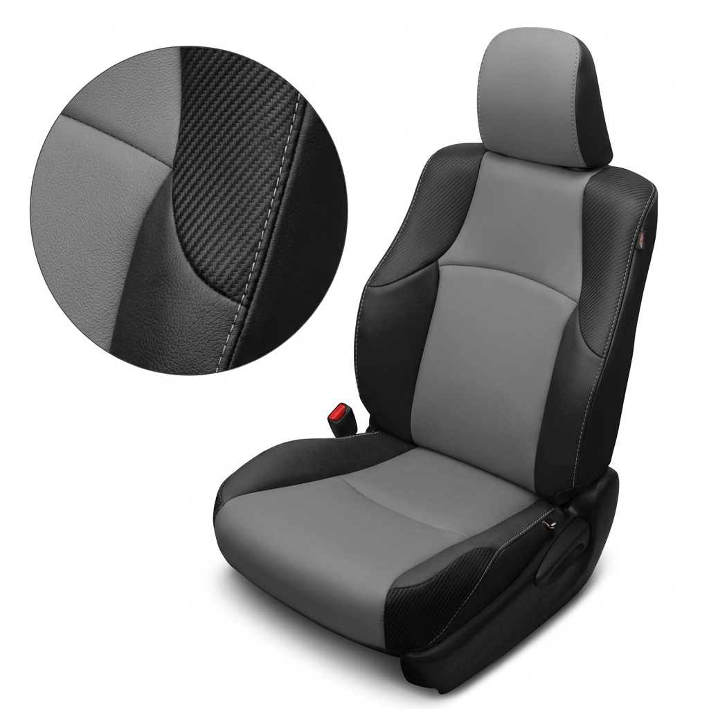 Close-up product image of a 2010–2024 Toyota 4Runner SR5 Leatherteck leather seat upholstery kit in black with Lunar Grey inserts, Carbon Shadow panels, and grey stitching. The seat is shown on a white background with a circular zoom inset highlighting the Lunar Grey leather grain, black leather texture, Carbon Shadow carbon fiber-style panel pattern, and grey stitched seam detail. The full seat displays a Lunar Grey headrest face, Lunar Grey seatback and cushion inserts, black side bolsters, Carbon Shadow