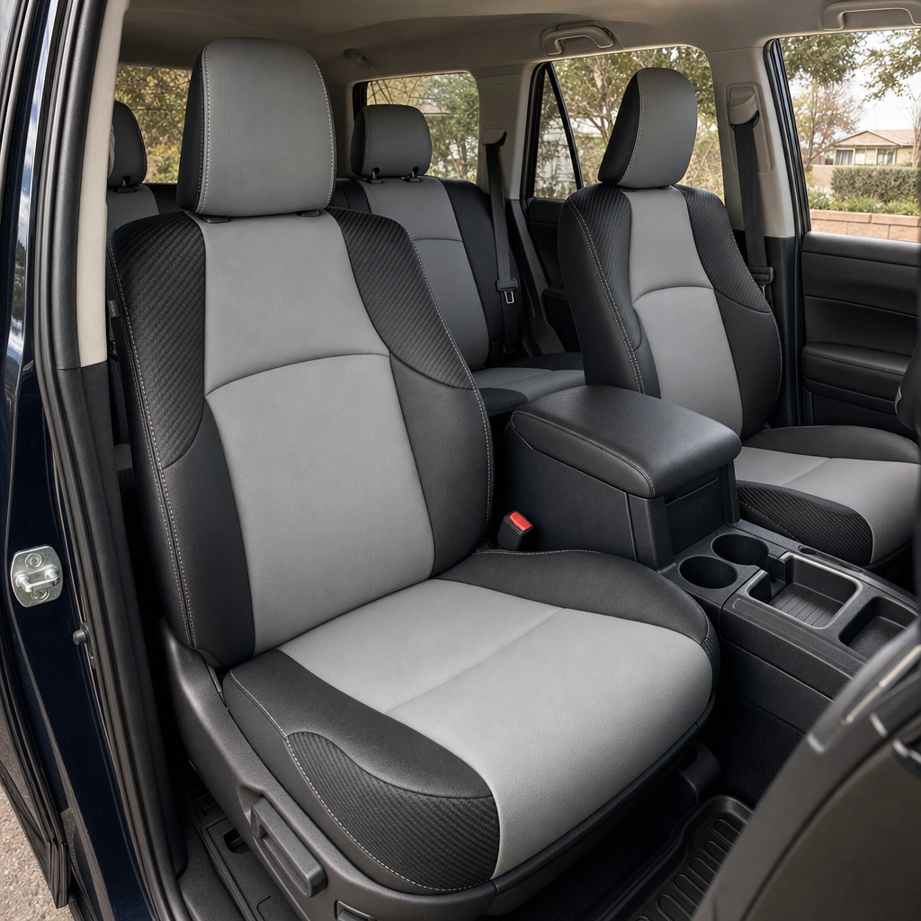Front in-cabin view of a 2010–2024 Toyota 4Runner SR5 with an installed Leatherteck leather seat upholstery kit in black with Lunar Grey inserts, Carbon Shadow panels, and grey contrast stitching. The image shows the upgraded driver and passenger front bucket seats with matching headrests, Lunar Grey front-facing seatback and cushion inserts, black leather side bolsters, textured Carbon Shadow accent panels on the shoulders and lower cushion edges, grey stitched seams along the headrests and bolsters, the 