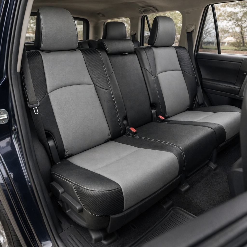 Rear in-cabin view of a 2010–2024 Toyota 4Runner SR5 with an installed Leatherteck leather seat upholstery kit in black with Lunar Grey inserts, Carbon Shadow panels, and grey contrast stitching. The image shows the upgraded rear bench seat with three matching headrests, Lunar Grey front-facing seatback and cushion inserts on the outer seats, black leather center and side sections, textured Carbon Shadow accent panels on the outer bolsters and lower cushion edges, grey stitched seams along the headrests, b