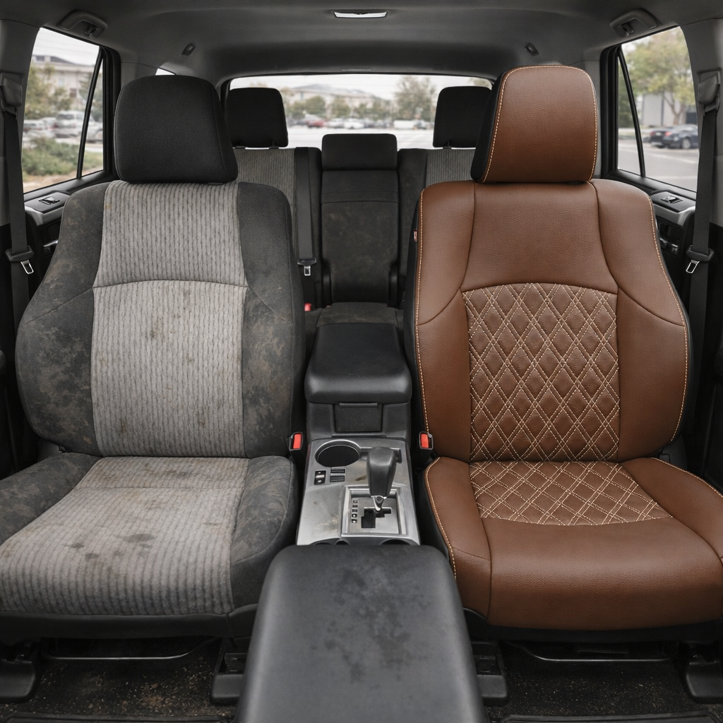Before-and-after front in-cabin view of a 2010–2024 Toyota 4Runner SR5 showing a seat upholstery upgrade: the left front seat has worn factory gray cloth upholstery, while the right front seat features an upgraded Leatherteck leather seat kit with black side accents, mahogany brown panels, Bone contrast stitching, and double diamond quilted center inserts on the seatback and cushion.