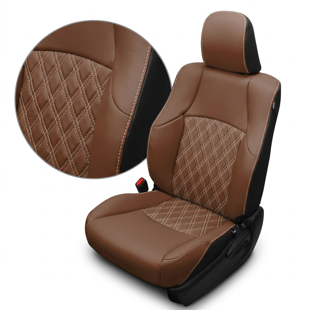 Close-up product image of a 2010–2024 Toyota 4Runner SR5 Leatherteck leather seat upholstery kit featuring black side accents, mahogany brown leather panels, Bone contrast stitching, and double diamond quilted inserts. The seat is shown on a white background with a circular zoom inset highlighting the mahogany brown leather grain, double diamond quilted stitch pattern, and Bone stitched seam detail. The full seat displays a mahogany brown headrest with black sides, smooth brown bolsters, quilted brown cent
