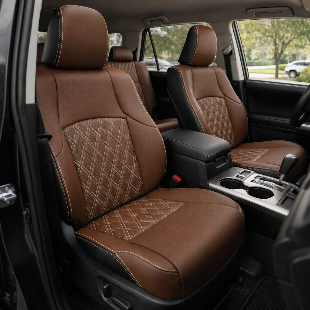  Front in-cabin view of a 2010–2024 Toyota 4Runner SR5 with an installed Leatherteck leather seat upholstery kit featuring black side accents, mahogany brown leather panels, Bone contrast stitching, and double diamond quilted center inserts on the seatbacks and cushions. The image shows the upgraded driver and passenger front bucket seats with matching headrests, brown leather bolsters, black outer side panels, light Bone stitching along the headrests and seat edges, quilted diamond insert sections, the fr