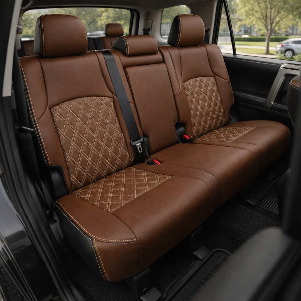 Rear in-cabin view of a 2010–2024 Toyota 4Runner SR5 with an installed Leatherteck leather seat upholstery kit featuring black side accents, mahogany brown leather panels, Bone contrast stitching, and double diamond quilted inserts on the rear seatbacks and seat cushions. The image shows the upgraded rear bench seat with three matching headrests, mahogany brown leather bolsters, black outer side panels, quilted diamond insert sections, light Bone stitching along the headrests, seams, and seat edges, visibl