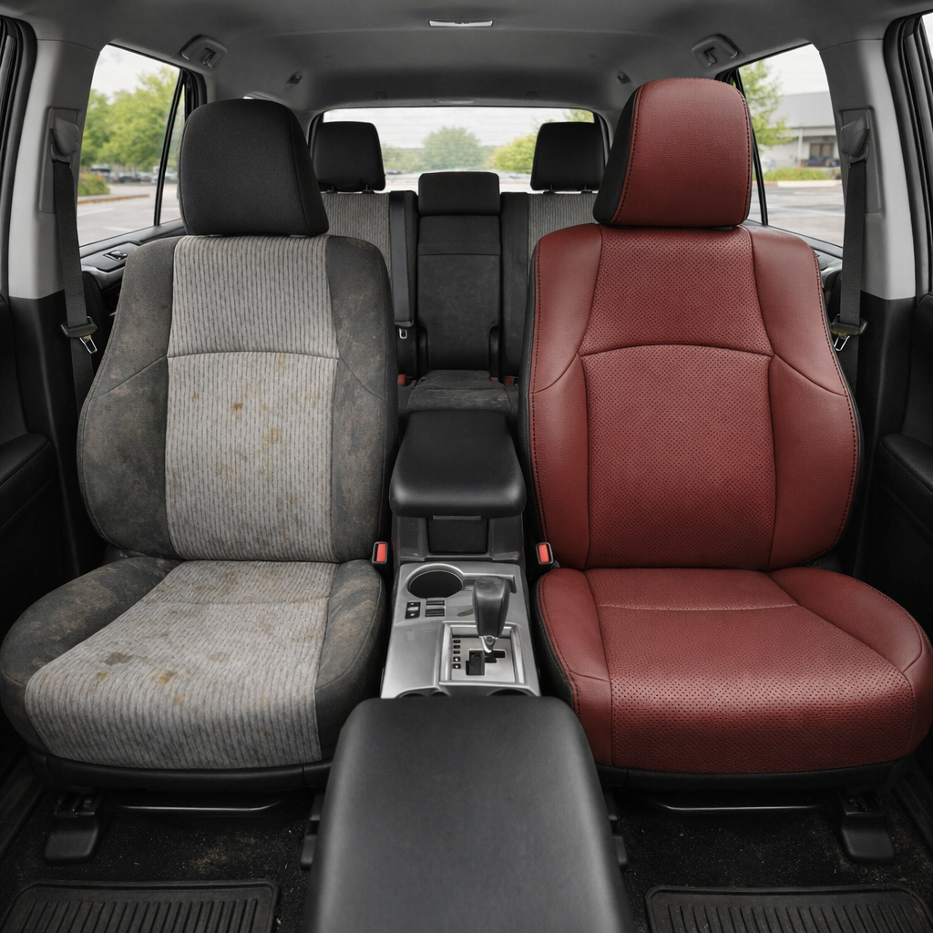 Before-and-after front in-cabin view of a 2010–2024 Toyota 4Runner SR5 showing a seat upholstery upgrade: the left front seat has worn factory gray cloth upholstery, while the right front seat features the upgraded Leatherteck leather seat kit with Black and Medium Red seat faces, perforated inserts, and Black stitching throughout. The image also shows the front center console, gear shifter, cupholders, black armrest, red seatbelt buckles, rear bench seat with headrests, side windows, dark floor mats, and 