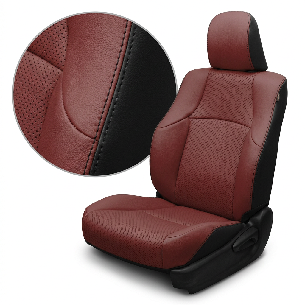 Close-up product image of a 2010–2024 Toyota 4Runner SR5 Leatherteck leather seat upholstery kit featuring Black and Medium Red seat faces, perforated Black inserts, and Black stitching. The seat is shown on a white background with a circular zoom inset highlighting the Medium Red leather grain, perforated insert texture, black side panel, and black double-stitched seam detail. The full seat displays a matching Medium Red headrest face, Medium Red seatback and cushion panels, perforated center sections, bl