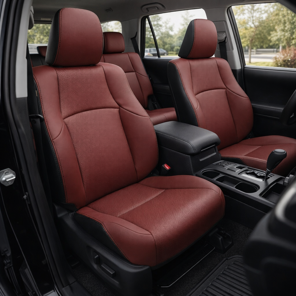 Front in-cabin view of a 2010–2024 Toyota 4Runner SR5 with an installed Leatherteck leather seat upholstery kit featuring Black and Medium Red seat faces, perforated Black inserts, and Black stitching throughout. The image shows the upgraded driver and passenger front bucket seats with matching headrests, Medium Red leather facing panels, black side accent panels, perforated insert sections, black seam stitching, the front center console with armrest, gear shifter, cupholders, red seatbelt buckle, rear ben