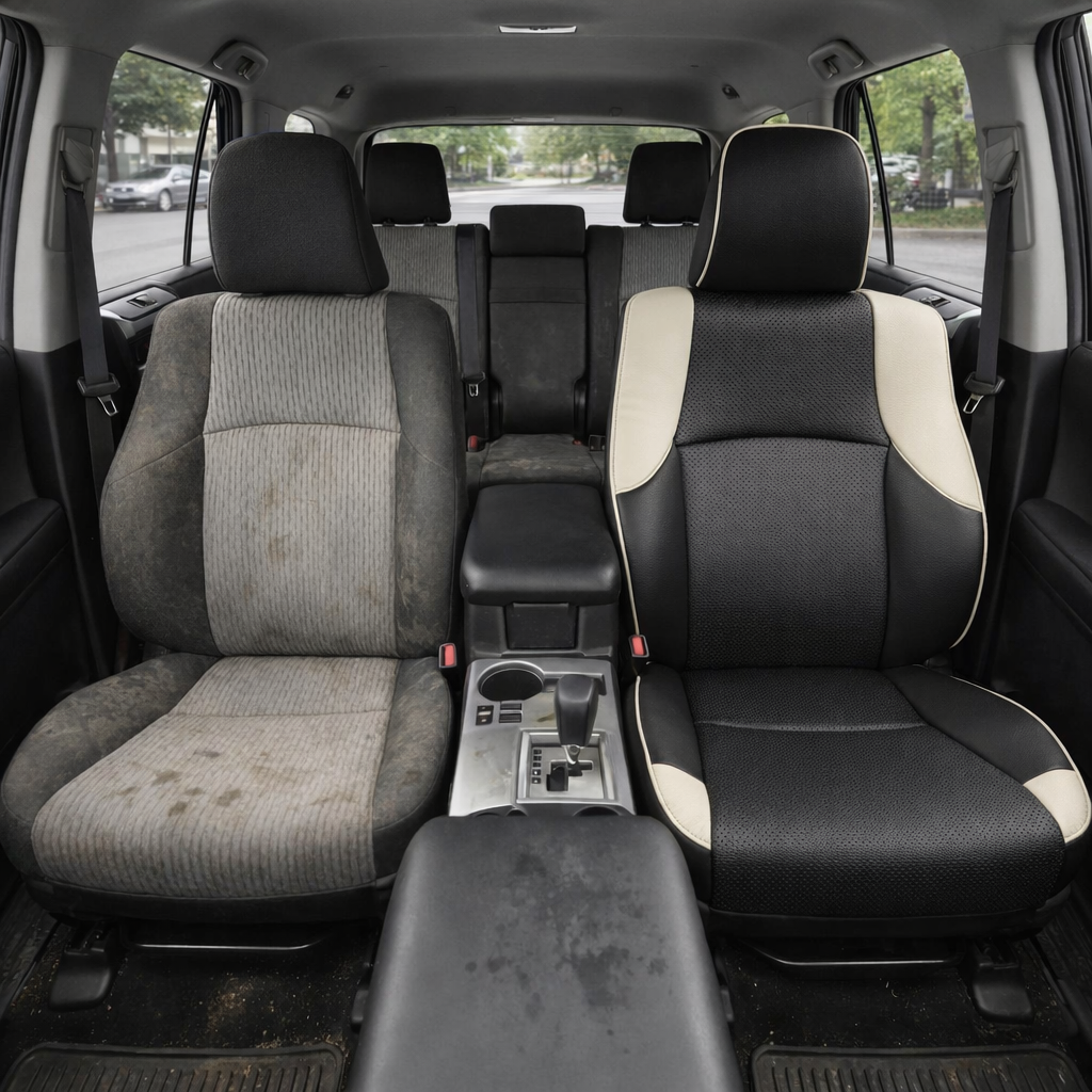 Before-and-after front in-cabin view of a 2010–2024 Toyota 4Runner SR5 showing a seat upholstery upgrade: the left front seat has the original worn factory gray cloth upholstery, while the right front seat features the upgraded Leatherteck leather seat kit in Black with perforated Black inserts, Pearl White side panels, and Pearl White piping. The image also shows the front center console, gear shifter, cupholders, black armrest, rear bench seat, headrests, seatbelts, red seatbelt buckles, side windows, do