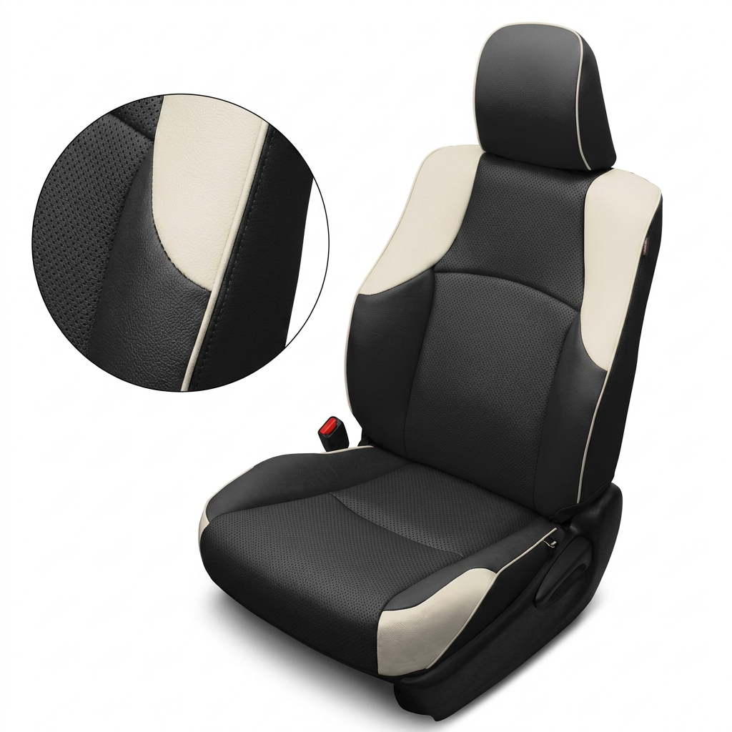 Close-up product image of a 2010–2024 Toyota 4Runner SR5 Leatherteck leather seat upholstery kit in Black with perforated Black inserts, Pearl White side panels, and Pearl White piping. The seat is shown on a white background with a circular zoom inset highlighting the black perforated insert texture, black leather grain, Pearl White accent panel, and Pearl White piping seam detail. The full seat displays a black headrest with Pearl White piping, black perforated seatback and cushion inserts, smooth black 