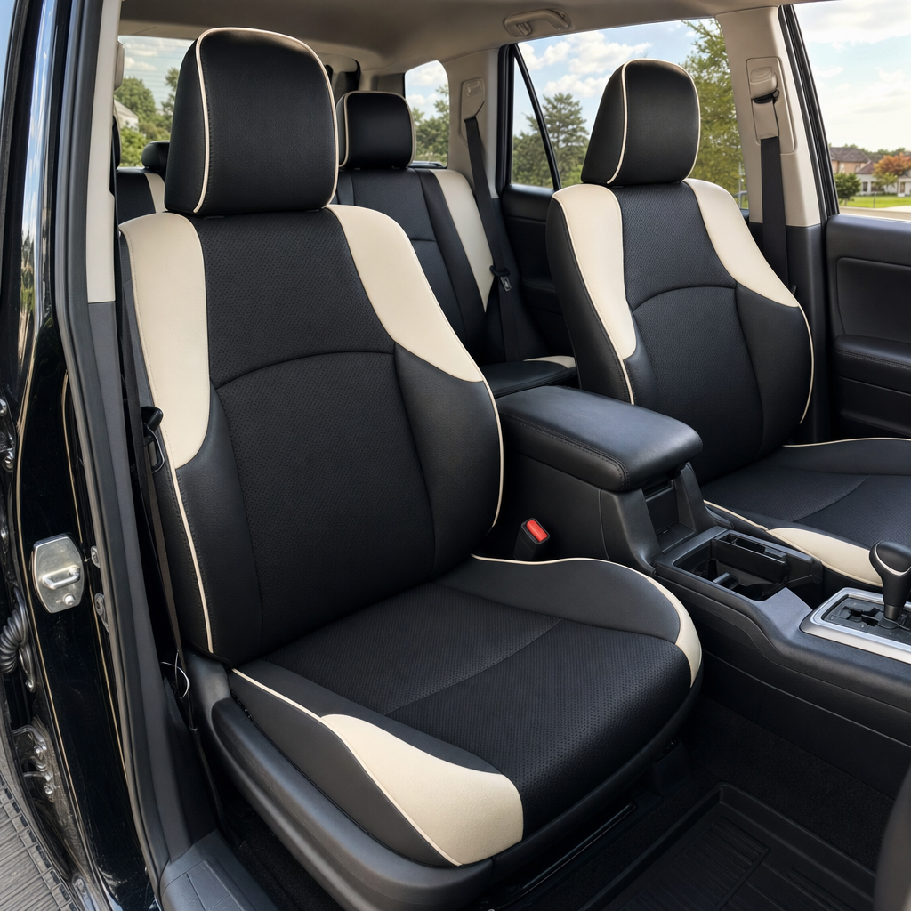  Front in-cabin view of a 2010–2024 Toyota 4Runner SR5 with an installed Leatherteck leather seat upholstery kit in Black with perforated Black inserts, Pearl White side panels, and Pearl White piping. The image shows the upgraded driver and passenger front bucket seats with matching headrests, black perforated seatback and cushion inserts, smooth black bolsters, Pearl White accent panels along the shoulders and cushion sides, Pearl White edge piping, the front center console with black armrest, cupholders