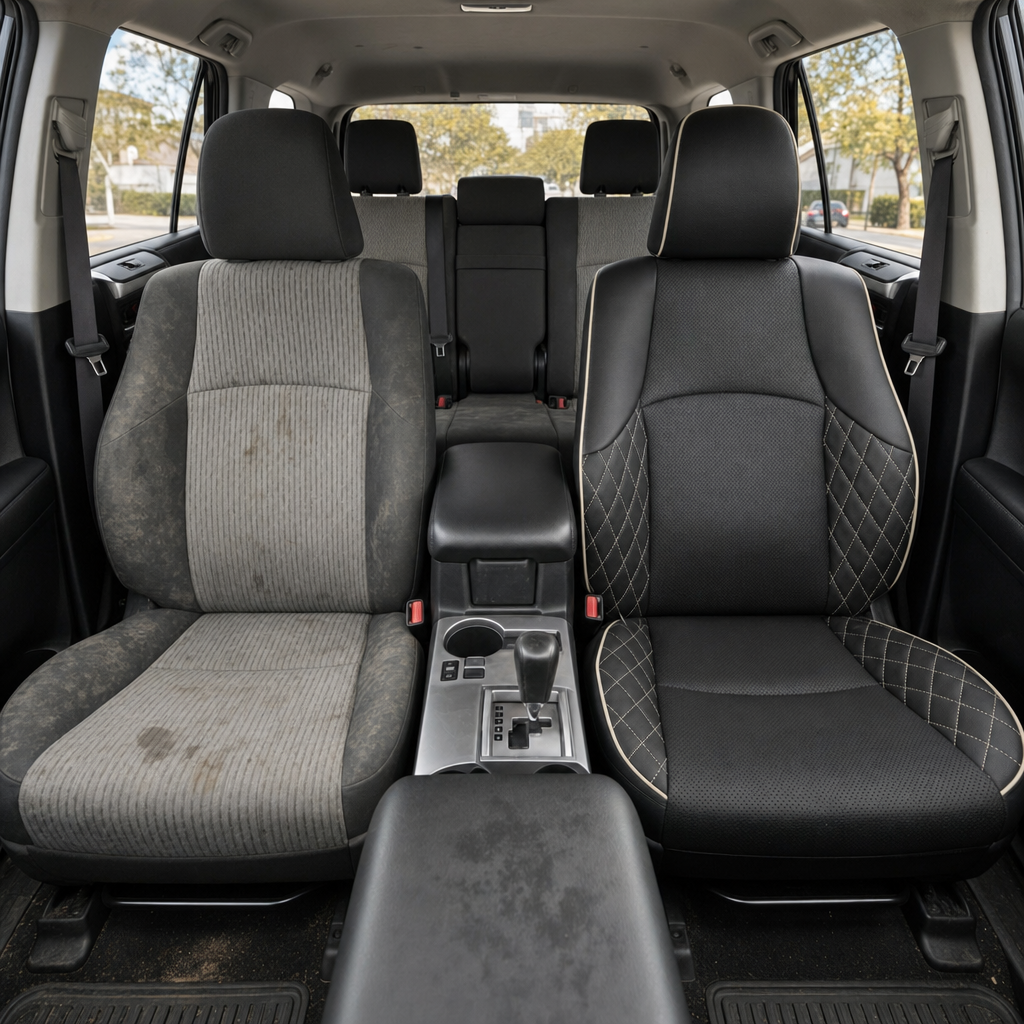 Before-and-after front in-cabin view of a 2010–2024 Toyota 4Runner SR5 showing a seat upholstery upgrade: the left front seat has worn factory gray cloth upholstery, while the right front seat features an upgraded Leatherteck leather seat kit in black with perforated center inserts, pearl white piping, and diamond quilted side panels. The image also shows the front center console, gear shifter, cupholders, black armrest, rear bench seat, headrests, seatbelts, red seatbelt buckles, side windows, door panels