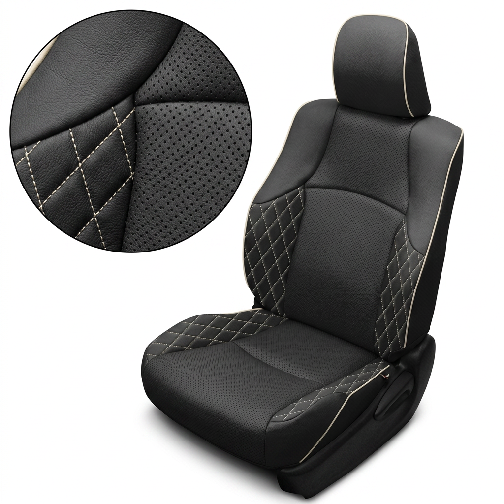 Close-up product image of a 2010–2024 Toyota 4Runner SR5 Leatherteck leather seat upholstery kit in black featuring perforated center inserts, pearl white piping, and diamond quilted side panels. The seat is shown on a white background with a circular zoom inset highlighting the black leather grain, perforated insert texture, pearl white piping, and diamond quilting with light contrast stitching. The full seat displays a black headrest with pearl white piping, smooth black bolsters, perforated black seatba