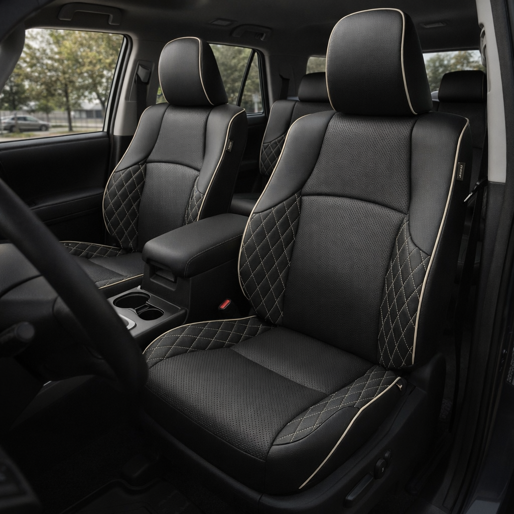 Front in-cabin view of a 2010–2024 Toyota 4Runner SR5 with an installed Leatherteck leather seat upholstery kit in black featuring perforated center inserts, pearl white piping, and diamond quilted side panels. The image shows the upgraded driver and passenger front bucket seats with black headrests, perforated black seatback and cushion inserts, smooth black bolsters, diamond-quilted lower side panels with light stitching, pearl white piping around the headrests and seat edges, the front center console wi