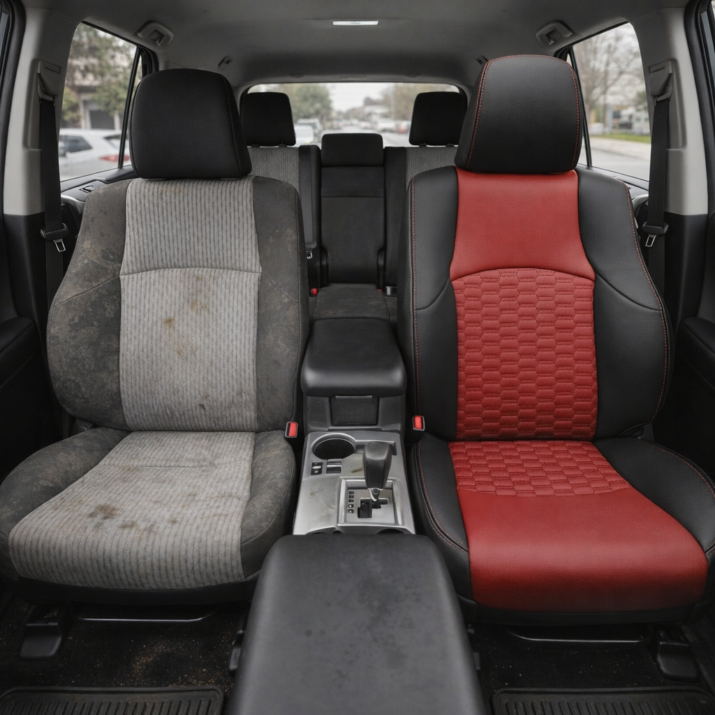 Before-and-after front in-cabin view of a 2010–2024 Toyota 4Runner SR5 showing a seat upholstery upgrade: the left front seat has worn factory gray cloth upholstery, while the right front seat features an upgraded Leatherteck leather seat kit in black with red seat faces, red double hex quilted center inserts, and red contrast stitching. The image also shows the front center console, gear shifter, cupholders, black armrest, rear bench seat with headrests, seatbelts, red seatbelt buckles, side windows, door