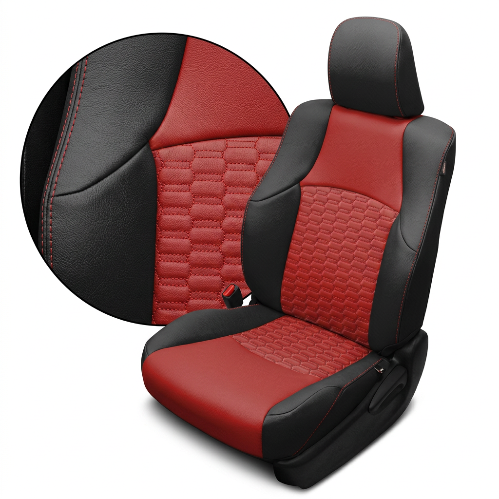  Close-up product image of a 2010–2024 Toyota 4Runner SR5 Leatherteck leather seat upholstery kit in black with red inserts, red double hex quilted center panels, and red contrast stitching. The seat is shown on a white background with a circular zoom inset highlighting the black leather grain, red leather insert texture, double hex quilted pattern, and red stitched seam detail. The full seat displays a black headrest with red stitching, black outer bolsters, red seatback and cushion faces, quilted red cen