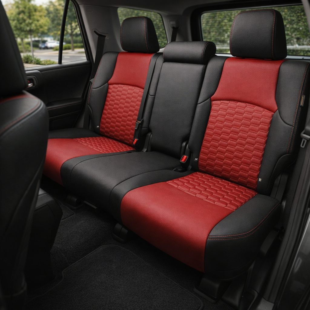 Rear in-cabin view of a 2010–2024 Toyota 4Runner SR5 with an installed Leatherteck leather seat upholstery kit in black with red inserts, red double hex quilted center panels, and red contrast stitching. The image shows the upgraded rear bench seat with three headrests, black outer bolsters, red seatback and cushion faces, quilted red center insert sections, visible seatbelts, red seatbelt buckles, black door panel, side windows, front seatback, dark carpet, and black interior trim inside the Toyota 4Runne