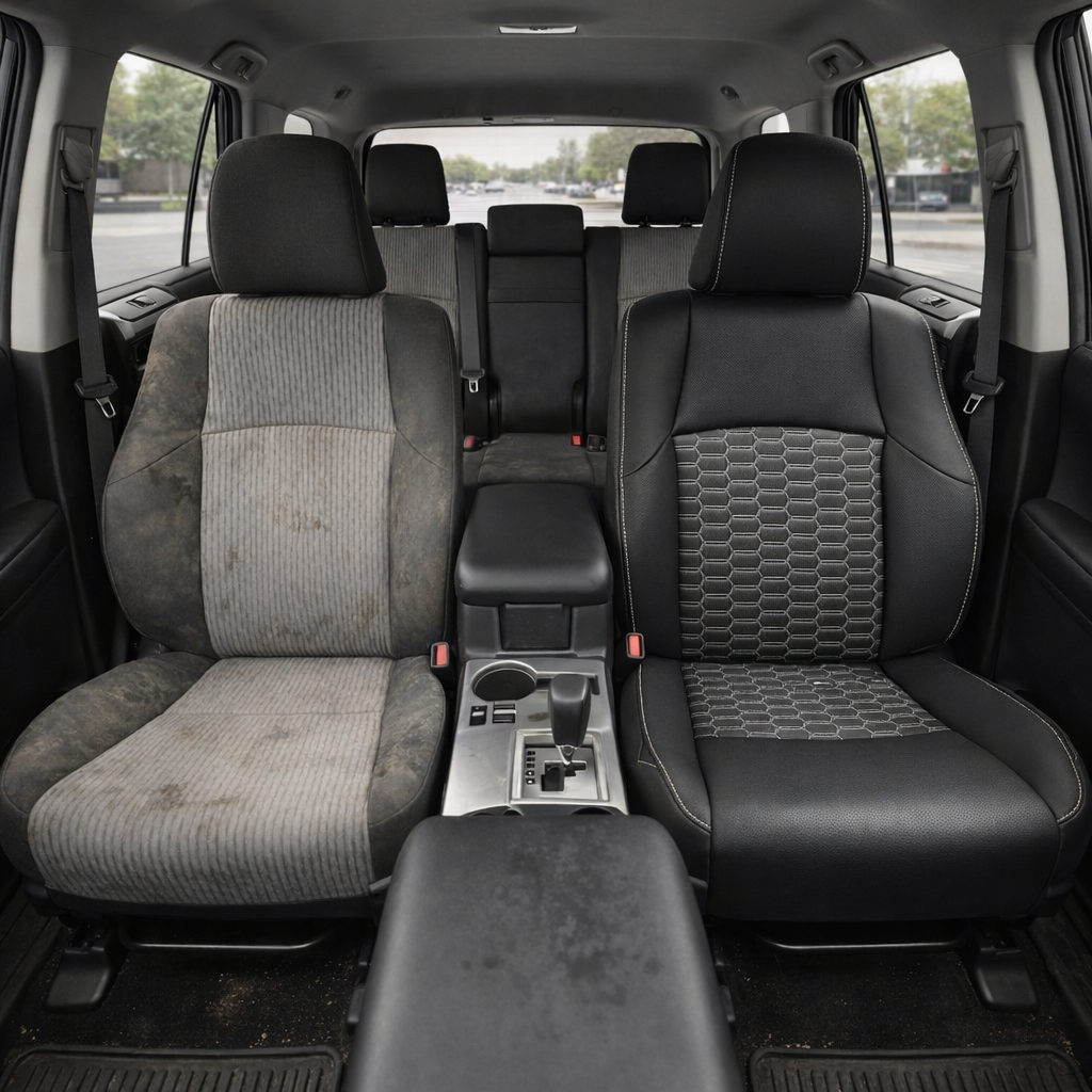  Before-and-after front in-cabin view of a 2010–2024 Toyota 4Runner SR5 showing a seat upholstery upgrade: the left front seat has the original worn factory gray cloth upholstery, while the right front seat features the upgraded Leatherteck leather seat kit in Black with a Silver double hex quilted center insert and Silver contrast stitching. The image also shows the front center console, gear shifter, cupholders, black armrest, rear bench seat, headrests, seatbelts, red seatbelt buckles, side windows, doo