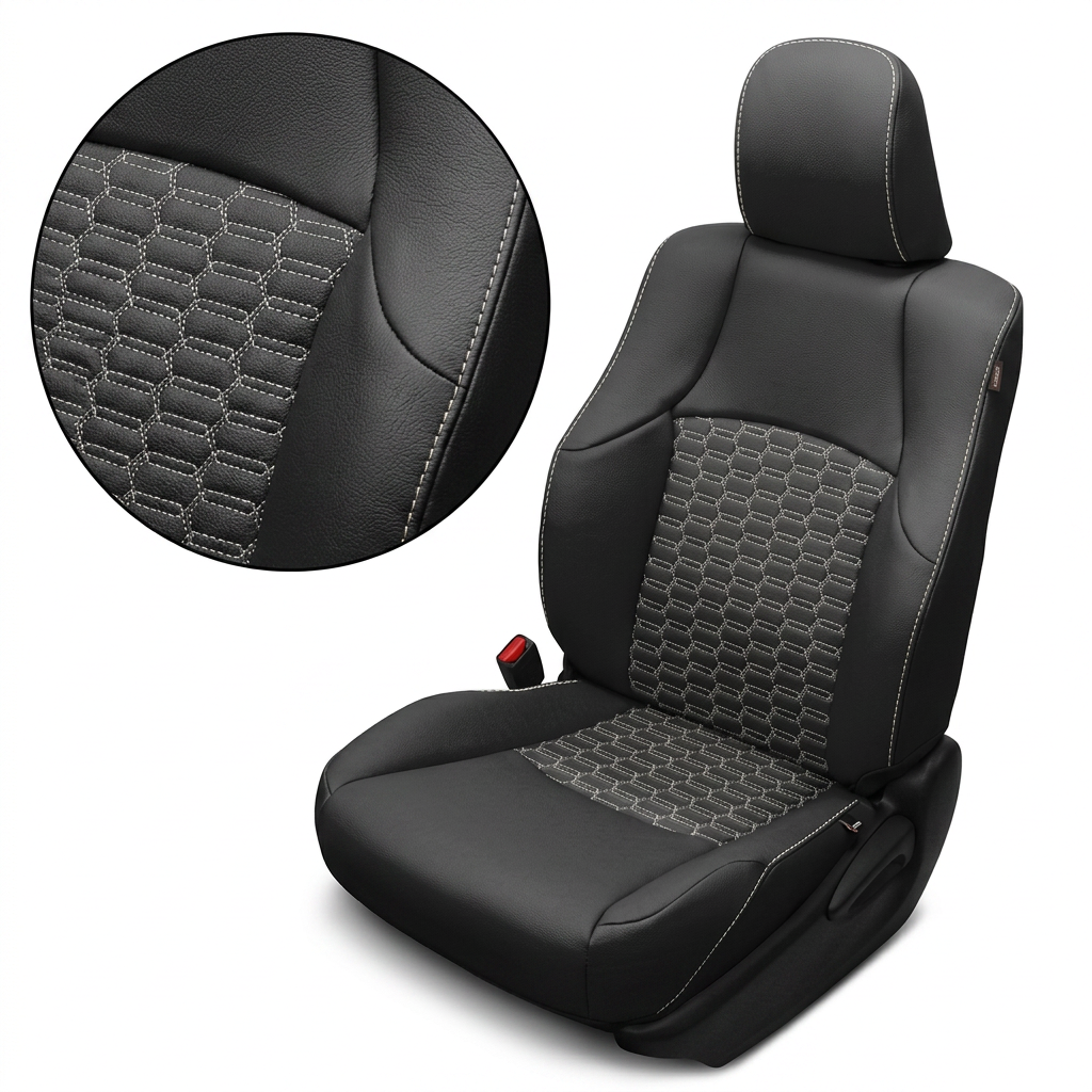 Close-up product image of a 2010–2024 Toyota 4Runner SR5 Leatherteck leather seat upholstery kit in Black featuring Silver double hex quilted center inserts and Silver contrast stitching. The seat is shown on a white background with a circular zoom inset highlighting the black leather grain, double hex quilted insert pattern, and silver stitched seam detail. The full seat displays a black headrest with silver stitching, smooth black bolsters, quilted center panels on the seatback and cushion, a red seatbel