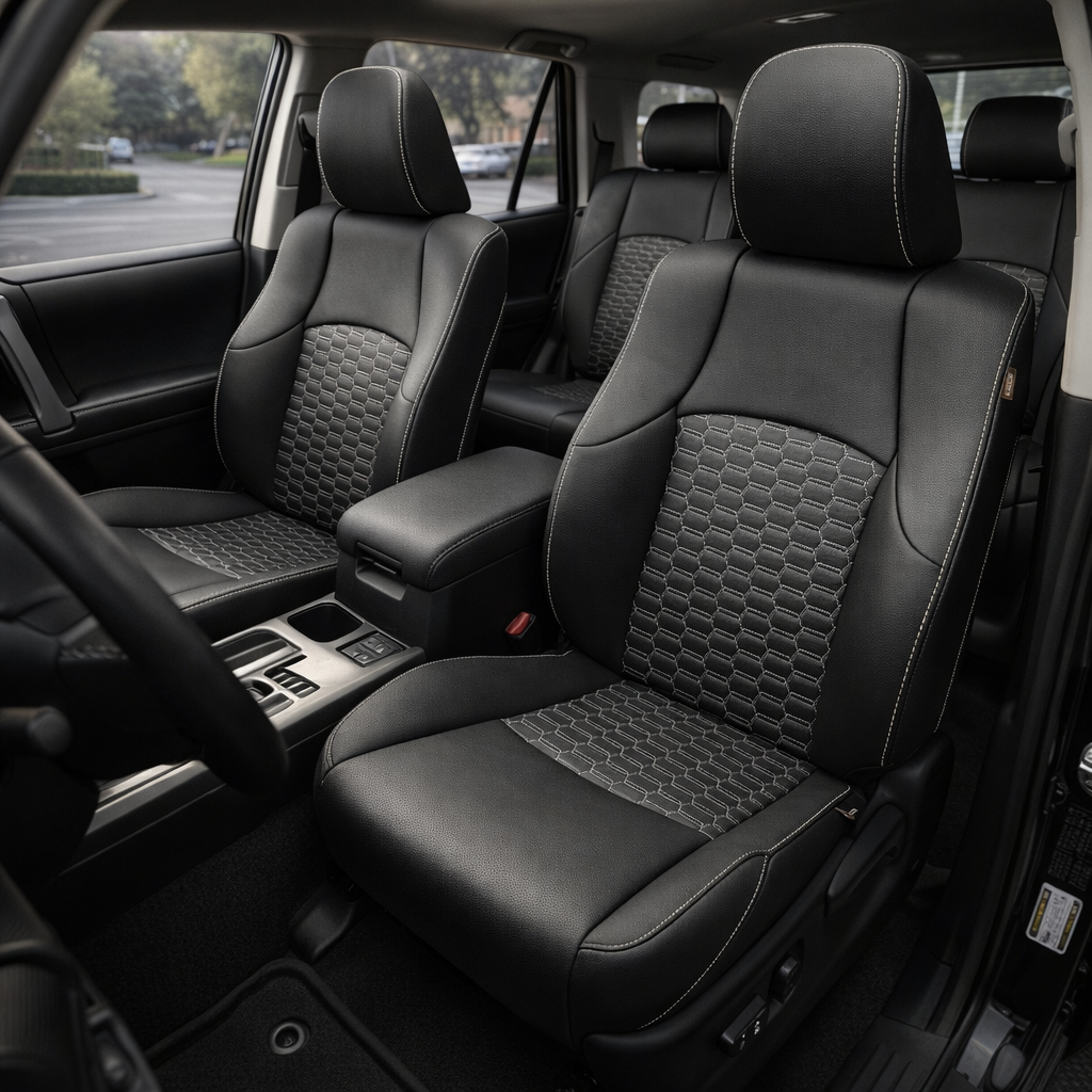 Front in-cabin view of a 2010–2024 Toyota 4Runner SR5 with an installed Leatherteck leather seat upholstery kit in Black featuring Silver double hex quilted center inserts and Silver contrast stitching. The image shows the upgraded driver and passenger front bucket seats with matching black headrests, black leather bolsters, textured double-hex quilted insert panels on the seatbacks and cushions, silver stitched seams along the headrests, bolsters, and seat edges, the front center console with armrest, cup