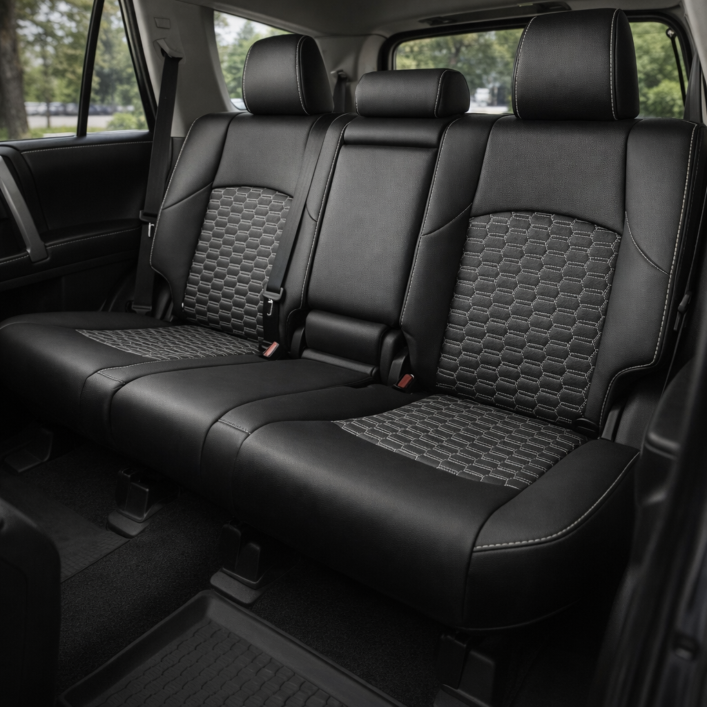  Rear in-cabin view of a 2010–2024 Toyota 4Runner SR5 with an installed Leatherteck leather seat upholstery kit in Black featuring Silver double hex quilted center inserts and Silver contrast stitching. The image shows the upgraded rear bench seat with three black headrests, black leather bolsters, double-hex quilted insert panels on the rear seatbacks and cushions, silver stitched seams along the headrests, bolsters, and seat edges, visible seatbelts, red seatbelt buckles, rear door panel, side windows, b