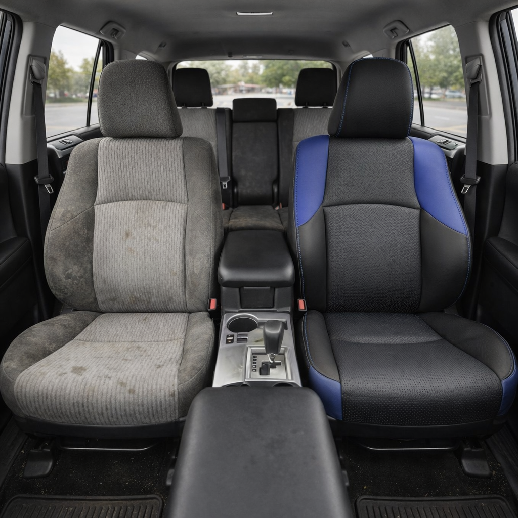  Before-and-after front in-cabin view of a 2010–2024 Toyota 4Runner SR5 showing a seat upholstery upgrade: the left front seat has worn factory gray cloth upholstery, while the right front seat features an upgraded Leatherteck leather seat kit in black with square-perforated blue inserts, Cobalt Blue accent panels, and blue contrast stitching. The image also shows the front center console, gear shifter, cupholders, black armrest, rear bench seat with headrests, seatbelts, red seatbelt buckles, side windows