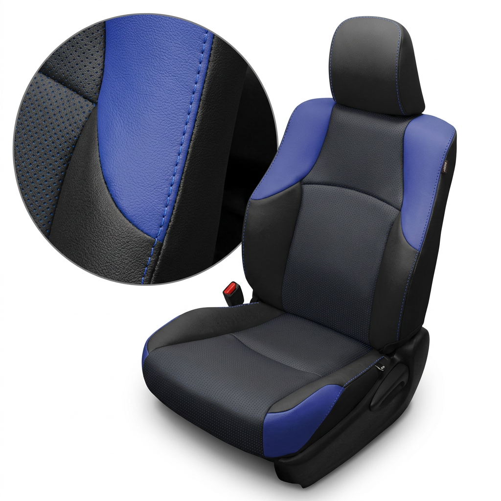 Close-up product image of a 2010–2024 Toyota 4Runner SR5 Leatherteck leather seat upholstery kit in black featuring square-perforated blue inserts, Cobalt Blue accent panels, and blue contrast stitching. The seat is shown on a white background with a circular zoom inset highlighting the black perforated leather texture, Cobalt Blue leather panel, blue contrast stitching, and detailed seam construction. The full seat displays a black headrest with blue stitching, black perforated seatback and cushion insert